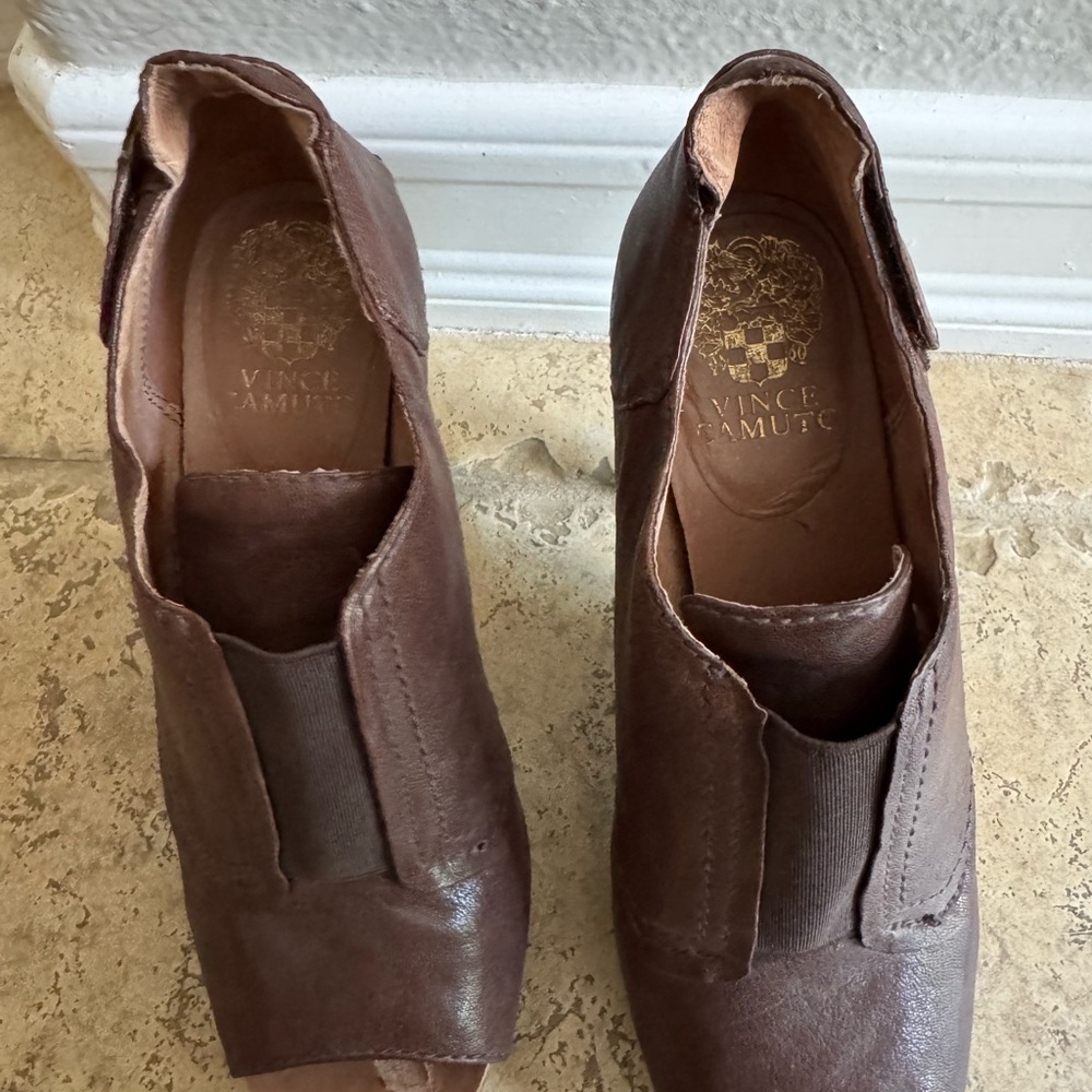 Vince Camuto Brown Leather Peep Toe Booties